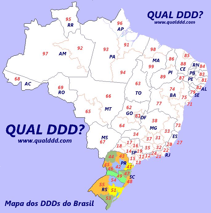 Mapa de DDD da Região Sul - Mapas de DDDs da Região Sul - QUAL DDD? - Qual  o DDD da sua cidade - Qual o código da região